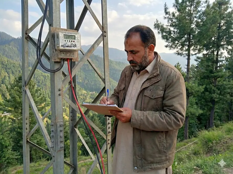 A Pakistani man standing outdoors noting down the reading from a digital electricity meter mounted on a steel lattice pole in the Hazara region.