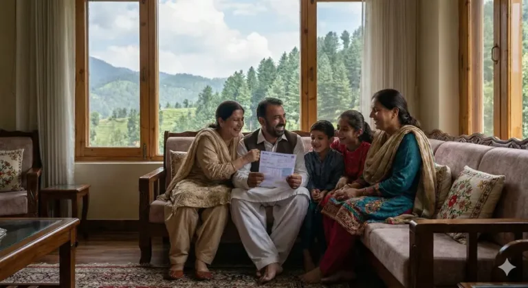 A happy Pakistani family sitting in a living room in Abbottabad, looking relieved while holding their electricity bill, with the scenic Hazara hills visible in the background.