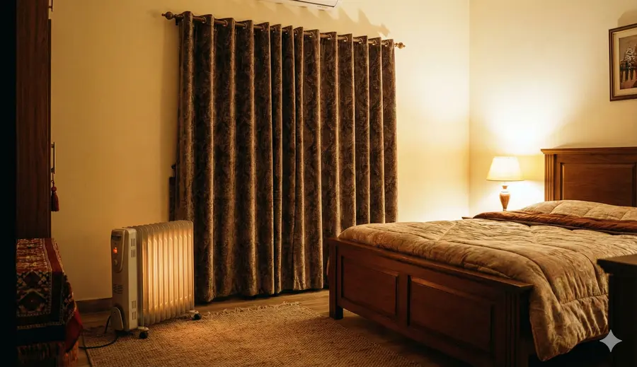 A cozy bedroom interior in Pakistan with thick curtains and an energy-efficient oil-filled radiator heater, providing safe warmth during winter.