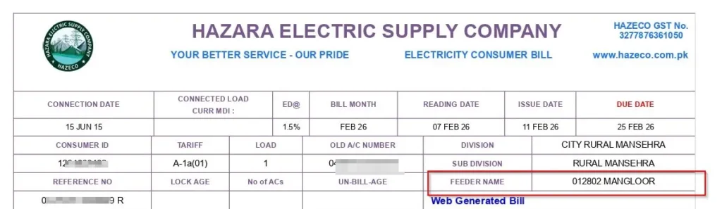 HAZECO bill showing feeder name location