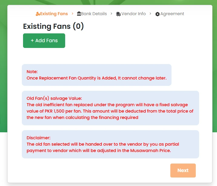 Existing fans screen on efan.gov.pk showing Rs 1500 salvage value per fan and Musawamah disclaimer for PM Fan Replacement Program