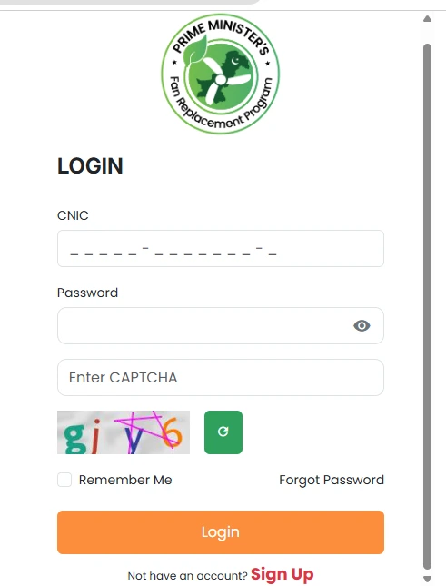 Login screen of PM Fan Replacement Program portal efan.gov.pk showing CNIC password and CAPTCHA fields with Sign Up option