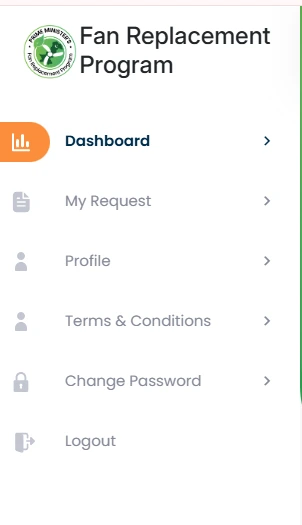 PM Fan Replacement Program portal dashboard showing My Request Order Tracking and Apply for Scheme options on efan.gov.pk