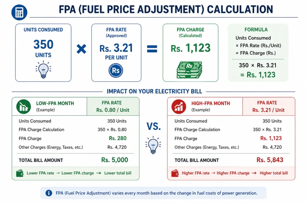 Example calculation showing how FPA is calculated on a Pakistani electricity bill using units consumed multiplied by FPA rate per unit