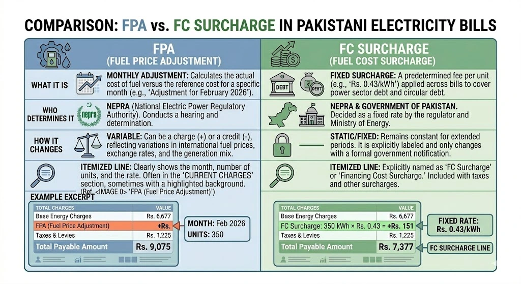 Comparison table showing the difference between FPA and FC surcharge on Pakistan electricity bills