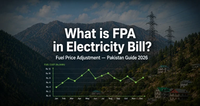 Electricity transmission towers in Pakistan with a fuel cost graph overlay illustrating how FPA charges fluctuate monthly on electricity bills
