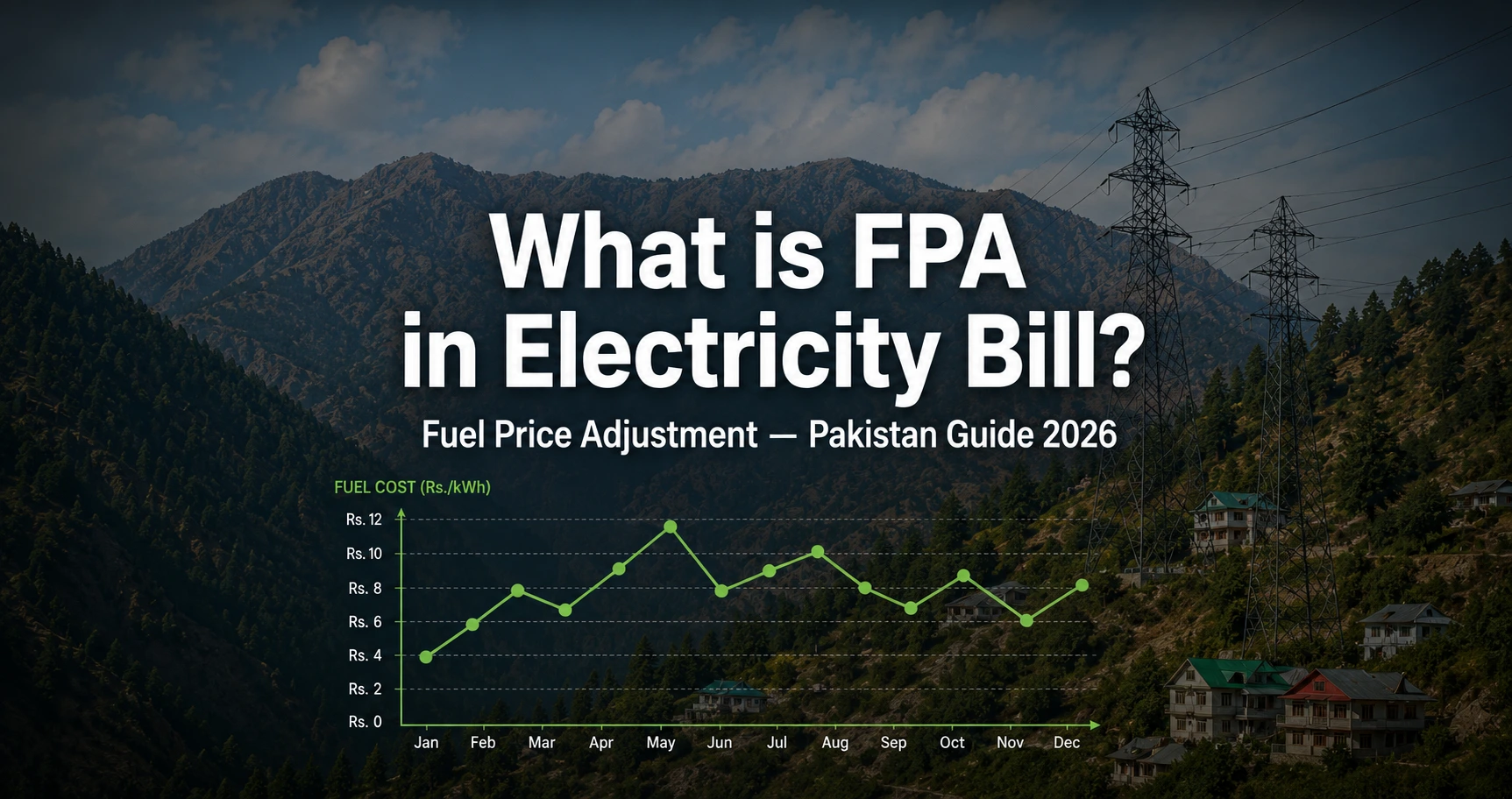 Electricity transmission towers in Pakistan with a fuel cost graph overlay illustrating how FPA charges fluctuate monthly on electricity bills