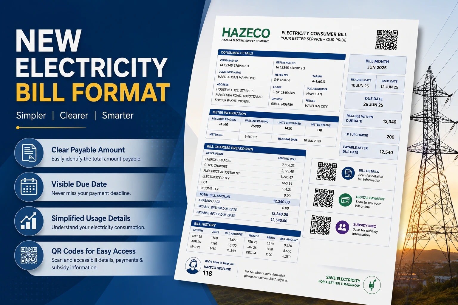New electricity bill format introduced across Pakistan showing simplified bill design, QR codes, and improved readability for consumers